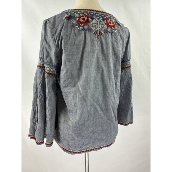 Johnny Was Workshop Chambray Peasant Top Grey Small Embroidered Bell Sleeves - Picture 2 of 11